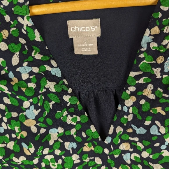 Chico's Sheer Ditsy Floral Career Wear Blouse 2 / Large Navy Blue Green - Picture 12 of 14